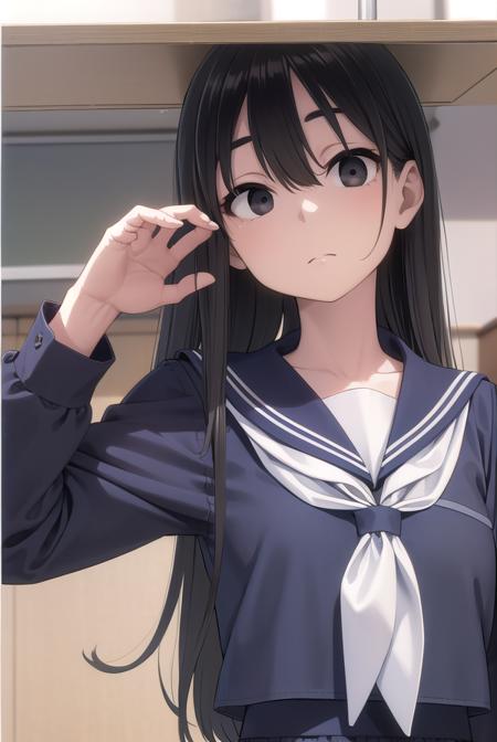 sakiyoshida, <lora:sakiyoshida-lora-nochekaiser:1>,
saki yoshida, long hair, hair between eyes, (black eyes:1.5), black hair,
BREAK skirt, pleated skirt, serafuku, shirt, (blue shirt:1.2), long sleeves, long skirt, blue skirt, blue sailor collar, sailor collar, neckerchief, red neckerchief,
BREAK indoors, classroom,
BREAK looking at viewer,
BREAK <lyco:GoodHands-beta2:1>, (masterpiece:1.2), best quality, high resolution, unity 8k wallpaper, (illustration:0.8), (beautiful detailed eyes:1.6), extremely detailed face, perfect lighting, extremely detailed CG, (perfect hands, perfect anatomy),