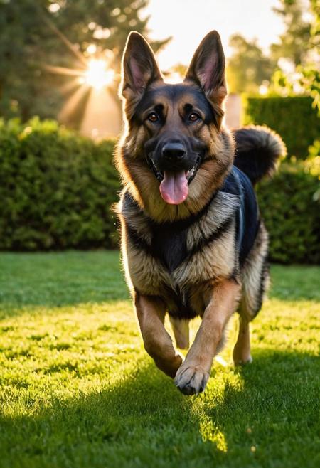 German shepherd dog, 
mid-tumble over a well-worn football, 
tongue lolling out in a wide grin, 
evening golden light casting elongated shadows, 
playful scene unfolding in a lush, 
green backyard, 
focus on gleeful expression, 
fur texture detailed, 
dynamic motion blur emphasizing playfulness, 
shallow depth of field with bokeh effect in background, 
sun flare, 
digital painting, 
vibrant color palette, 
high resolution.