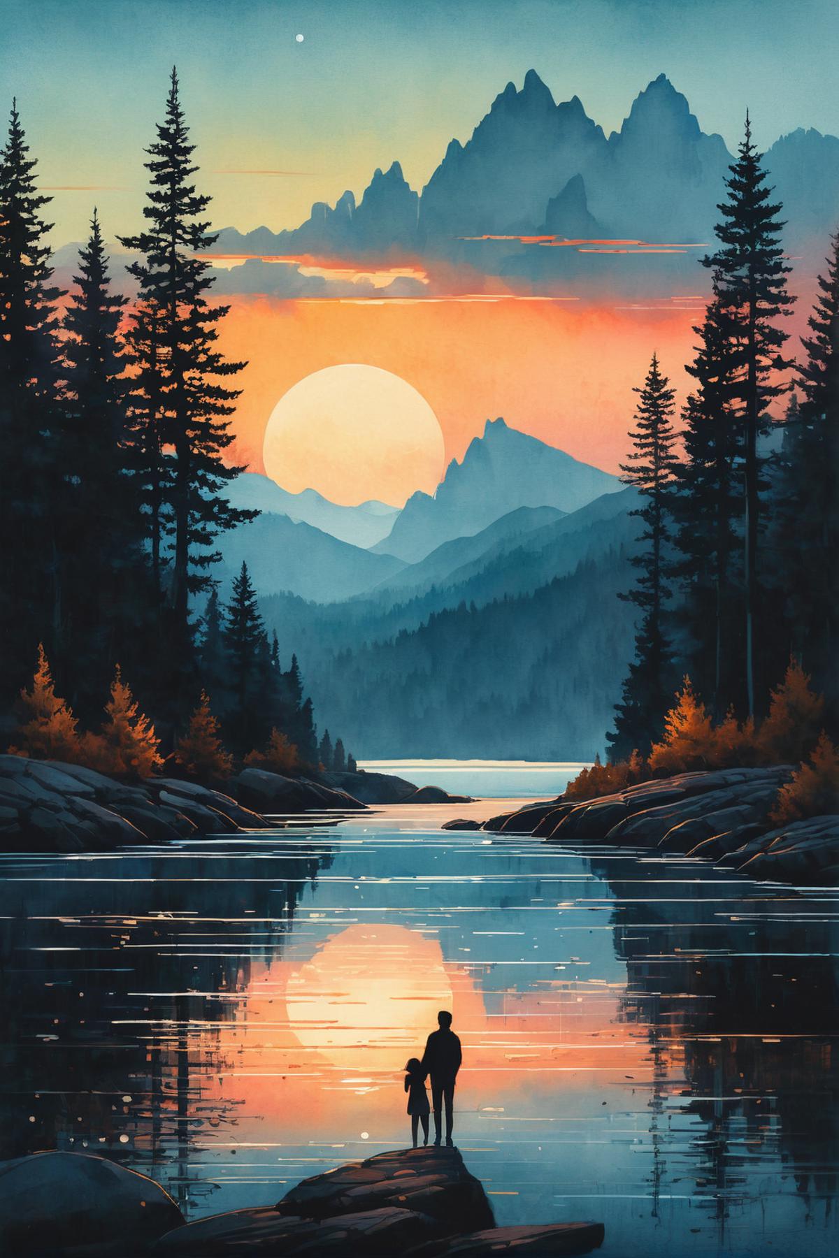 A person standing by a river under a sunset with mountains in the background.