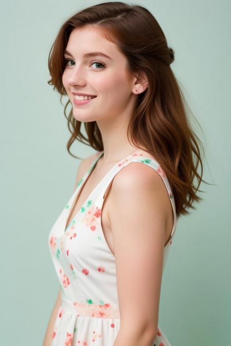 HD, perfect quality, 16k, very detailed,  a beautiful 21yo college girl with ginger hair, pale skin, wearing a dark blue and mint green calico floral dress, pink fleckes, green eyes, slim, detailed skin, hair behind ear, smiling proudly, standing in front of white background