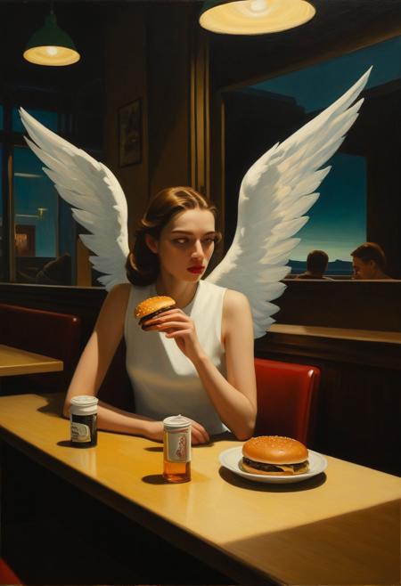 a (female angel:1.5) eating a hamburger in hamburger shop,
deep shadows enhancing mysterious atmosphere, long shot, dim light, (oil painting:1.5), in (abstract art:2.0) style, (by edward hopper:1.4),  directional lighting, masterpiece, perfect composition, abstract glitch, long shot, masterpiece,best quality,very aesthetic, absurdres,