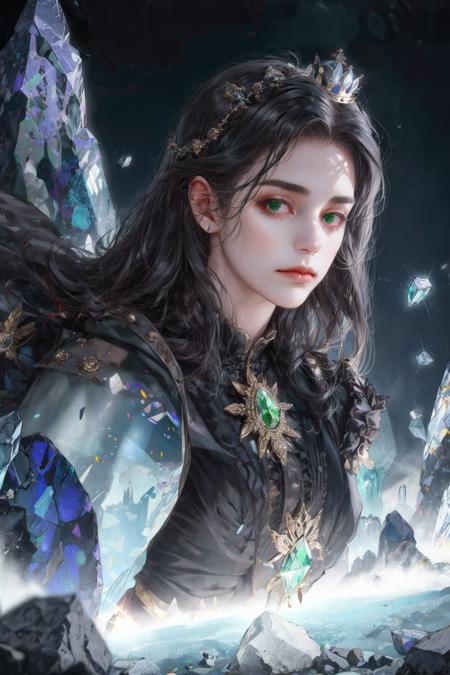 (absurdres, highres, ultra detailed), (1girl, solo, mature, long hair), black hair, dress, long sleeve,   looking at viewer, solo, upper body, detailed background, close up, cold detailed face, (victorian theme:1.1), crystal mage, levitating, dynamic pose, elemental rock themed clothes, crystal crown, rocks floating in the air, glowing  shards, surrounded by green  jewels,     magical floating particles,    crystal landscape background, (shallow water:0.7),  cinematic ethereal atmosphere,  reflections, updraft,, upper body, dutch angle