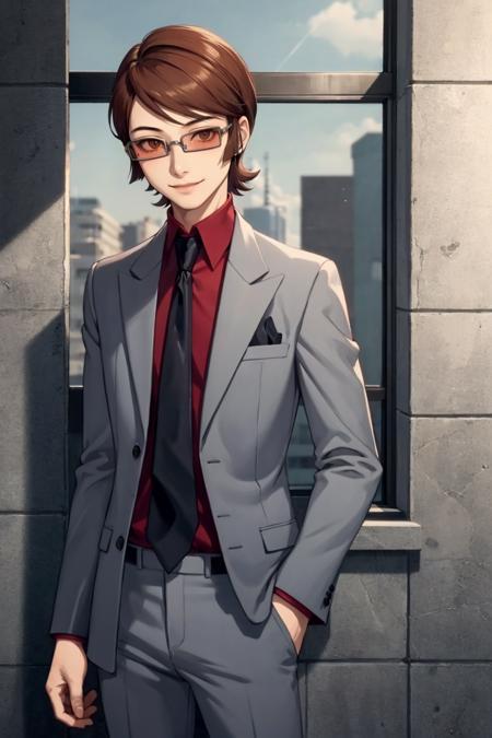 masterpiece, best quality, solo, smile, 1boy, looking at viewer,   <lora:Katsuya_Fp:1>, katsuyap2, grey suit, formal, glasses, necktie,