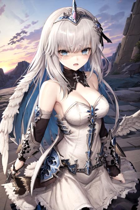 rei_hatada, cowboy shot, looking at viewer, hair ornament, armored dress, large breasts, strapless dress, white dress, headpiece, colored inner hair, shaded face, crying, crying with eyes open, holding sword, low wings, feathered wings, white hair, outdoors, castle, <lora:reihatada:0.6>