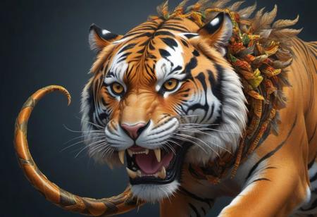 JuggernautNegative, <lora:xl_yamer_style-2.0:1>"Produce a stunning UHD 4K digital artwork featuring a majestic tiger with a snake wrapped around its neck. Create a vibrant and highly detailed art piece, utilizing rich colors and intricate details to portray the sacred and powerful presence of the tiger. Render the artwork in a highly detailed vector art style, emphasizing the interaction between the tiger and the snake, showcasing their contrasting yet harmonious relationship. Focus on striking details and bright colors to bring depth and intensity to this captivating 4K digital artwork."