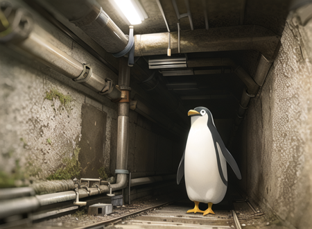 a tunnel with pipes and valves in it, <lora:Pipe-15:1>,penguin,dirt,steam,moisture,mud