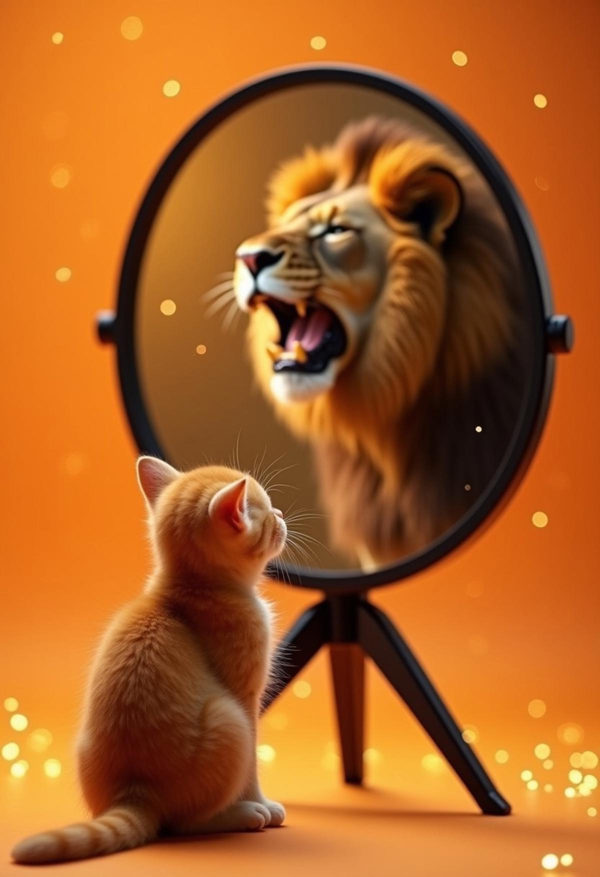 A stunning conceptual photograph of a tiny, realistic orange tabby kitten sitting gracefully in front of a contemporary, freestanding mirror. The reflection within the mirror reveals a powerful, roaring lion with an impressive mane, symbolizing inner strength and self-perception. The background is a cozy and uplifting blend of warm orange hues, creating an atmosphere of motivation and empowerment. The mirror, boasting a sleek black frame and tripod-like base, adds a modern touch to the scene. The soft lighting and delicate specks of light floating around emphasize the dreamlike and whimsical nature of the image., photo, conceptual art