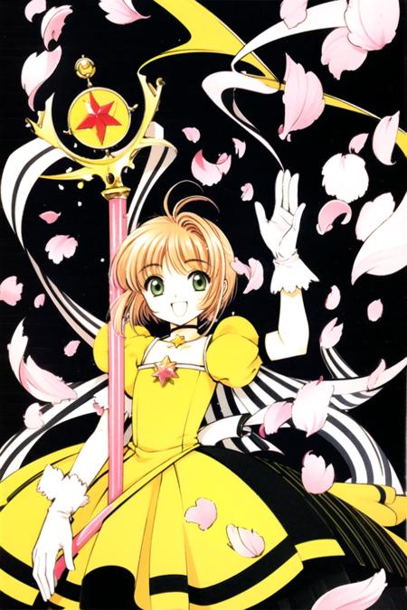 1girl, kinomoto sakura, crown, gloves, dress, solo, holding, 1990s (style), green eyes, retro artstyle, smile, open mouth, brown hair, short hair, petals, choker, puffy sleeves, white background, striped, magical girl, antenna hair, looking at viewer, yellow gloves, :d, wand, short sleeves, holding wand, bangs, vertical stripes, yellow dress, simple background, puffy short sleeves, ribbon, cape, bow, star (symbol), fuuin no tsue, white dress, cowboy shot, mini crown,  <lora:Card Captor Sakura:0.8>