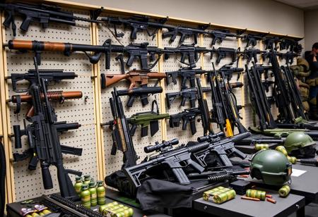 Weapon racks, Modern weapons, Guns, military equipment, Indoors, Weapons on tables, military setting, Bullet proof vests, grenades, helmets,