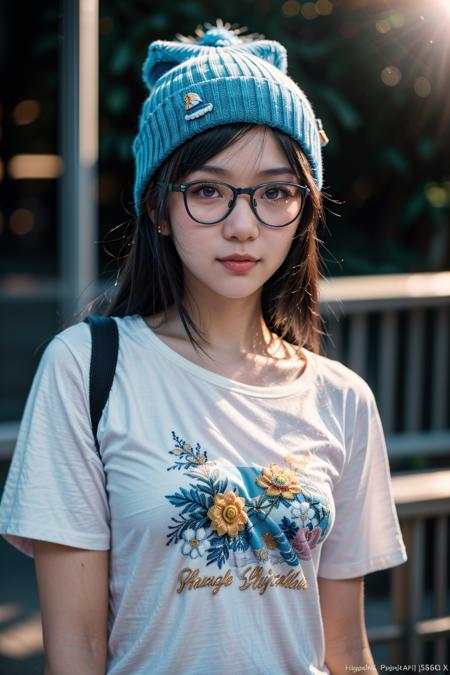(8k), (best quality), (masterpiece:1.2), (realistic), (photorealistic:1.37), (intricate details), (HDR), (intricate details), (hyper detailed), (natural skin texture), (hyperrealism), (soft light), (sharp), (octane render), (detailed background), (35mm photography),crepuscular rays,front soft spot light,((Hasselblad photography)), Porta 160 color, shot on ARRI ALEXA 65, bokeh, sharp focus on subject,
18 yo cute girl wearing glasses a t shirt and a blue beanie, in the style of anime art, blue and white,xiaofei yue, chromepunk, social media portraiture, white patterned background,
<lora:add_detail:0.5> <lora:pytorch_lora_weights:0.5>, <lora:breastsizeslideroffset:0.05>, <lora:nagachichiD:0.5>, <lora:picxer_real:0.7>, <lora:FilmVelvia3:0.3>