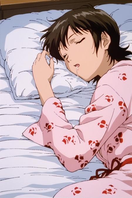 score_9, score_8_up, score_7_up,source_anime,<lora:Azusa_Fuyutsuki_GTO_PDXL:0.8>,azusa fuyutsuki, brown eyes, short hair, medium breasts, pajama robe, in bed, sleeping, saliva, snoring, face focus, solo, indoors, at night, best quality, high quality