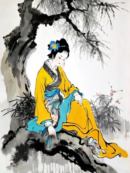 masterpiece, best quailty, perfect face, a woman sitting under the tree,  chinese scene, ink splash, ink texture, ink painting  <lora:Dai_Dunbang-000003:0.7>