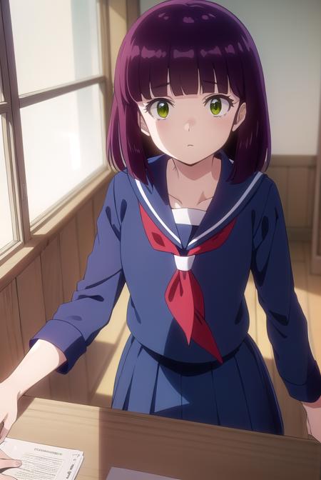 shinobumiyake, <lora:shinobu miyake s1-lora-nochekaiser:1>,
shinobu miyake, long hair, bangs, purple hair, (green eyes:1.5),
BREAK shirt, long sleeves, school uniform, serafuku, sailor collar, neckerchief, red neckerchief, shirt, blue shirt, blue sailor collar, blue skirt,
BREAK indoors, classroom,
BREAK looking at viewer, (cowboy shot:1.5),
BREAK <lyco:GoodHands-beta2:1>, (masterpiece:1.2), best quality, high resolution, unity 8k wallpaper, (illustration:0.8), (beautiful detailed eyes:1.6), extremely detailed face, perfect lighting, extremely detailed CG, (perfect hands, perfect anatomy),