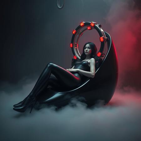 Ethereal, slender, ultra thin waist, tall, raven-haired Norwegian wearing black slime catsuit and  high heels, laying in giant black glossy high heel, head encased in giant weird alien brainwashing machine ring, red lights. Restrained. Looking to the camera. Eeire fog from the floor. Horror. Alien space harem. Tentacles canopy. Sci-fi. Horror. Total recall