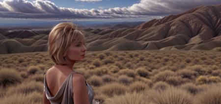 5u54no1iv3r wearing shiny silver, cloudy, horizon, mountains, arid dessert, dry, rocks, outdoors, sky, solo, gloomy, back shot, looking over shoulder to camera blonde hair, short bob haircut, blue eyes, <lora:Susan_Oliver_PMv1a_Lora:1.3>,, ((Far-Angle)), digital painting portrait, natural lighting, in the style of pixar, trending on artstation, sharp, focus art by Arthur Streeton and BoÅ¾idar Jakac