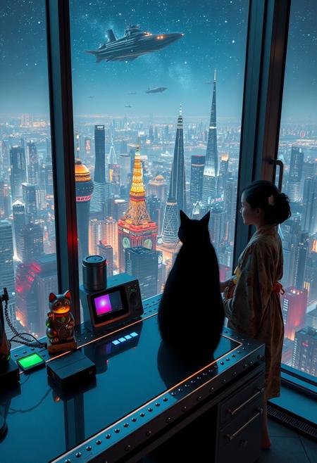 Jiji, the cat from Kiki's Delivery Service sits on a cluttered metal riveted desk with transparent top and rgb led computer components visible inside, On the desk are a maneki neko statue and a lava lamp, Jiji the Black Cat is looking out of a seamless and futuristic floor to ceiling window that looks out at a very high view from an apartment on the 400th floor of a futuristic Tokyo skyscraper, the year is 2250, The city has thousands of enormous wide and tall futuristic skyscrapers and space ships covered with lights in the sky, (((Kiki from Kiki's Delivery Service, 24 years old, is standing next to the cat looking out at the enormous city at night, filled with buildings of many shapes and sizes, some over a mile tall))), Kiki is dressed in an ornate Japanese style bath robe. An enormous deco starship with futuristic lighting and design is visible high above the city, and a space station is visible in the background among the stars, many many small flying personal transports are flying around the city, multiple elevated train tubes are visible moving between large buildings, The woman's hair is messy from just waking up and tied up with a ribbon. Artistic cyberpunk, dynamic perspective, The focus is on Jiji and Kiki standing together looking out the window at the view together, (((overall architectural aesthetic is Art Deco Cyberpunk))).  Mt Fuji can be seen in the far distance,