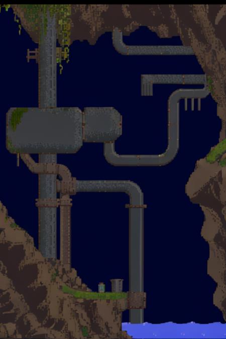 <lora:Lemmings SNES:0.9>, SNES_Lemmings, environment, 2D, dark blue background, iron, grass, moss, stone, water, pipes, foundry, exhaust pipe, fan