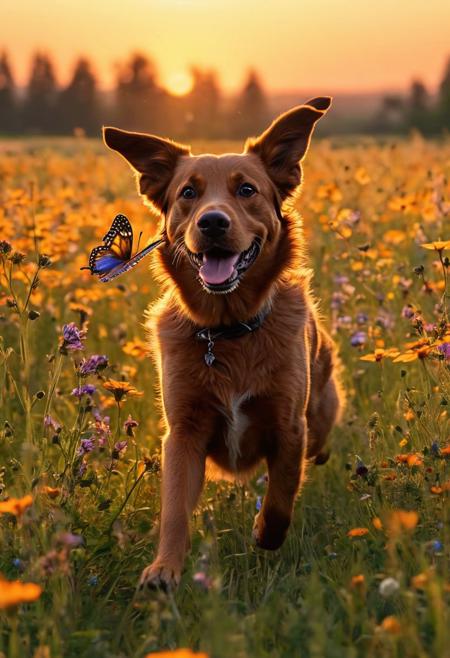 Brown dog frolics in a sunset-drenched, vibrant wildflower meadow, intricate lighting capturing the playful dance with flittering butterflies, macro photography revealing incredible detail, nuances alive with high quality UHD, pen and ink finesse, a composition rivaling art trends on Artstation, captured in 8K photorealism, volumetric lighting creating a cinematic tableau, octane