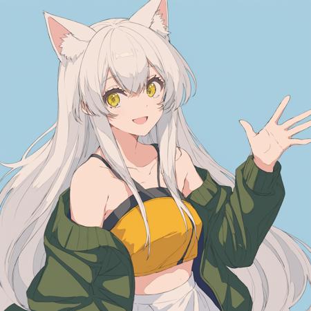 by yoneyama mai,highres,detailed,best quality,masterpiece,illustration,wallpaper,1girl, solo, green eyes, smile, :d, long hair, white hair, animal ears, animal ear fluff, eyebrows visible through hair, medium breasts, navel, bare shoulders, yellow jacket, off shoulder, crop top, midriff, yellow skirt, hand up, waving, cropped legs, simple background, blue background