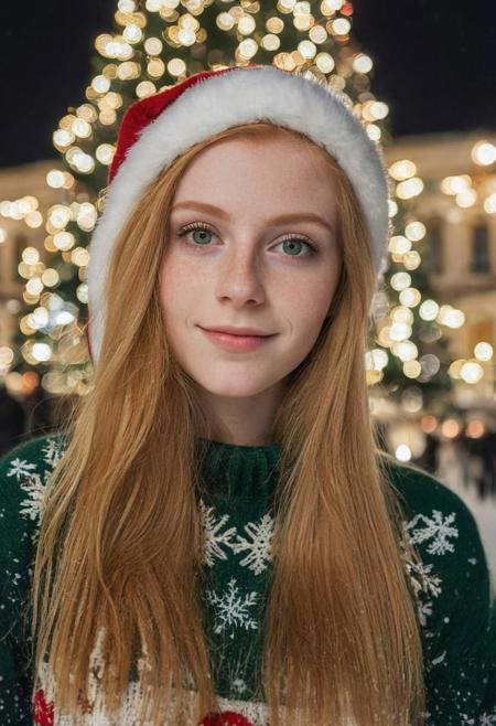 instagram photo, photo of a gorgeous 21 y.o woman, green eyes, strawberry blonde hair, long straight hair, happy, cheery, wearing a christmas sweater, wearing a christmas hat, (looking at a giant christmas tree), on a big city square, at night,  snow, natural skin, skin moles, skin pores, goosebumps, high detailed, (cinematic, film grain:1.1)