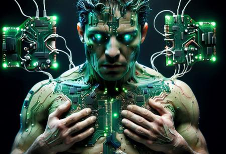 A hyper-realistic 8K image of a man peeling back the skin from his chest with both hands, revealing a complex, detailed printed circuit board (PCB) beneath the skin. The setting is dimly lit and moody, with dramatic contrast highlighting the textures of human flesh and intricate electronics. The expression on the man's face is neutral or introspective. The PCB glows faintly with blue and green LEDs, wires and microchips embedded seamlessly where organs would be. The background is minimal, slightly blurred to emphasize the surreal reveal. The man's appearance is natural and realistic, with visible pores, hair, and muscle definition.