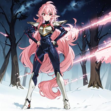 <lora:Nova-10:1>outdoor,forest,Masterpeace,high quality,Nova, 1girl, solo, long hair, red eyes, pink hair, pointy ears, armor, blue bodysuit, white shoulder armor, breastplate, standing, full body, hand on hip