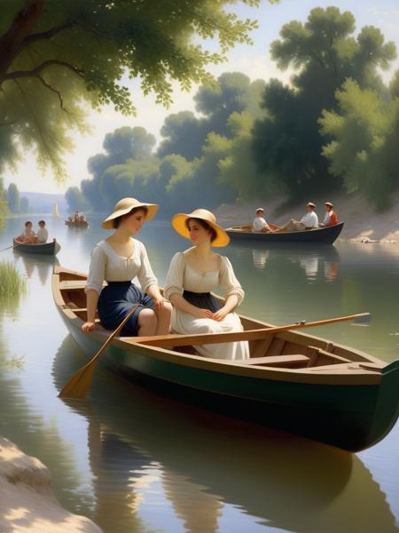 <lora:05ClassicalArt_Hap_XL:1>, William-Adolphe Bouguereau style, oil painting, boating, river, people, leisure, trees, water, romanticism oil painting, summer, outdoor, social, vibrant colors, nature, relaxed, French, classic art, scenic, sunlight, reflection, 19th century, gathering,
