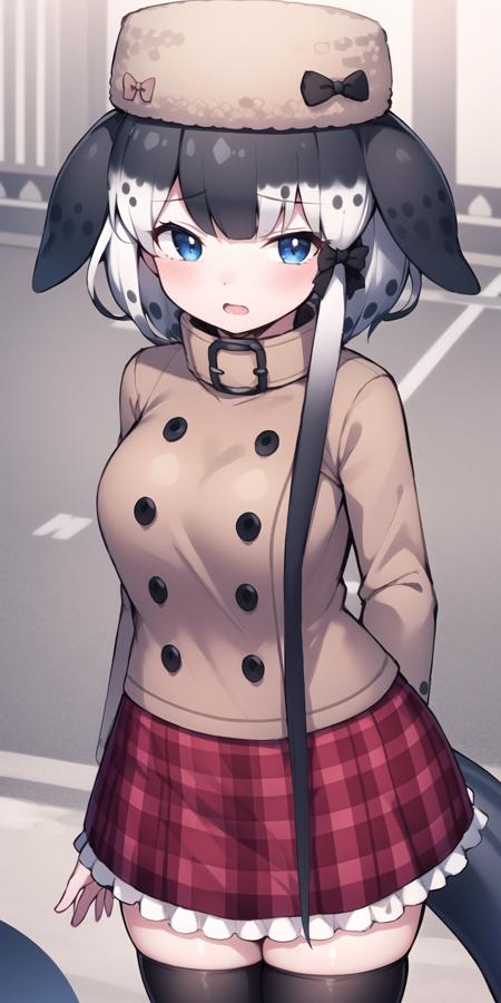 narwhal_(kemono_friends), narwhal_fins, narwhal_Personal_Fashion, (from above:1.05), hat, bow, coat, long_sleeves, high_collar, red_skirt, pleated_skirt, plaid_skirt, frilled_skirt, black_thighhighs, red_hair_bow, multicolored_hair, grey_hair, black_hair, white_hair, blue_hair, (short_hair_with_long_locks:1.05), side_ponytail, short_hair, blue_eye, blush, 1girl, solo, looking_at_viewer, 
 <lora:narwhal_(kemono_friends)_v2.1:0.65>