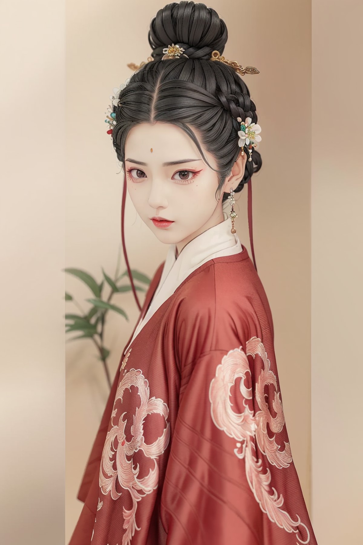 (masterpiece:0.8),best quality,
gongbiv,gongbi painting,chinese clothes,1girl,solo,flower,hair ornament,black hair,red lip...