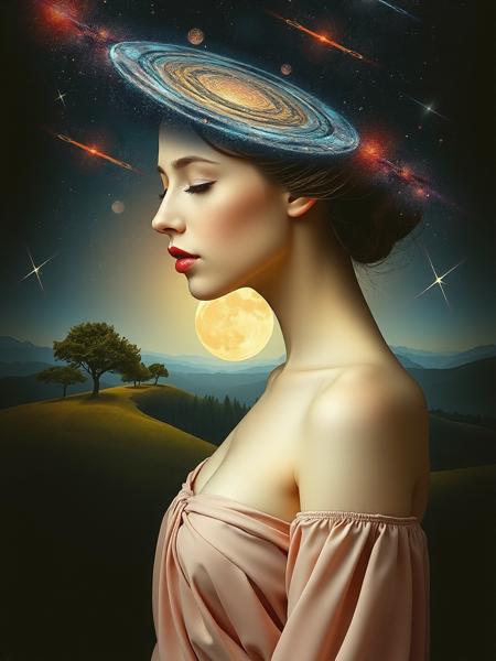 A surreal portrait of a woman in profile with porcelain-like skin, wearing a flowing, soft pink dress. Her head opens into a cosmic scene with stars and galaxies, blending into a dreamy landscape with rolling hills, trees, and a glowing, swirling sun at the center. The image has a painterly, ethereal quality, blending fantasy, nature, and the cosmos in a seamless, imaginative composition. Elegant, surreal, dreamlike, high detail.