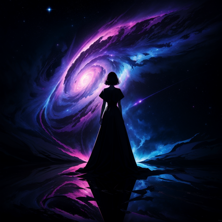 masterpiece, best quality, ultra high res, (abstract art:1.3), (dark theme:1.2), art, stylized, deep shadow, dark theme, 1girl, cosmic dress, cosmic beauty, in space, nebula