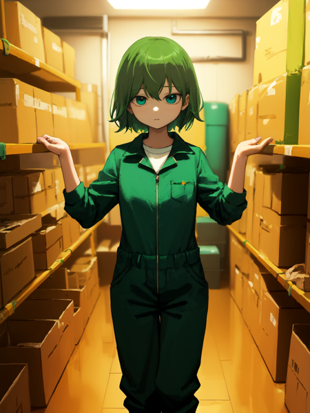 1girl avogado6 solo gym-storeroom jumpsuit green-yellow-hair big-hair Aqua-Hair Aqua-Eyes <lora:avogado6_Style-000011:0.4>