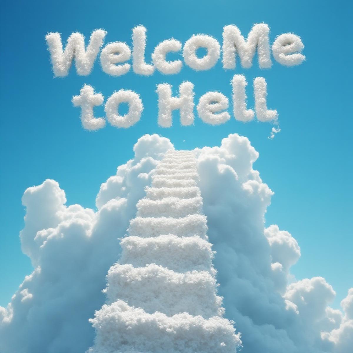 stairway to heaven and the clouds in the blue sky gather to form the words: welcome to hell with a smiley face next to it :)