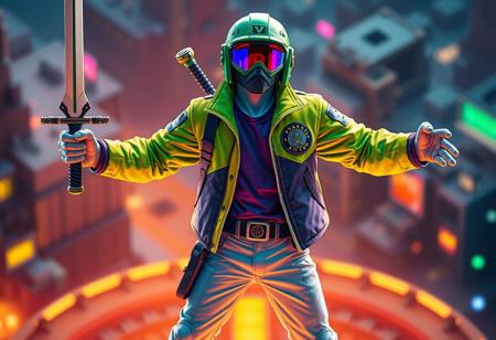 Stardust Assault Warrior in vibrant green/yellow jacket with emblem, purple shirt, white pants, green helmet, visor. Dynamic pose, arms outstretched, holding Sword of Deep-Seated, standing on Geartown background. Stark contrast, captivating cinematic lighting, Golden Ratio composition. Isometric, Depth of Field. Hyper detailed, intricate, 4K, 8k HDR. Octane Render, Unreal Engine, Digital Matte Painting, Splash Ink Illustration, Concept Art. Trending on Artstation HQ, CGSociety. Sharp lines, stunning vivid pastel colors, smooth gradients. Rendered by Beeple, Syd Meade, Craig Mullins, Ross Tran, WLOP.