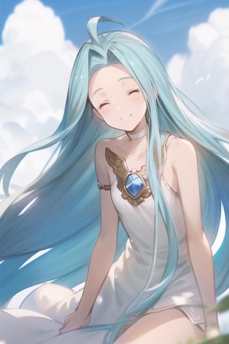 <lora:lyria:0.8>, solo, 1girl, lyria_\(granblue_fantasy\), granblue fantasy, aqua hair, shiny hair, very long hair, ahoge, closed eyes, small breasts, collarbone, smile, =3, (doyagao:1.1), closed mouth, white cami-dress, bare shoulders, sleeveless, strapless, standing, full body, front view, leaning back, summer sky, cloudy sky,