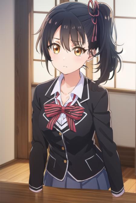 hasukikomai, <lora:hasuki komai s1-lora-nochekaiser:1>,
hasuki komai, (black hair:1.5), ribbon, (brown eyes:1.5), hair ribbon, side ponytail,
BREAK bow, school uniform, jacket, striped, bowtie, black jacket, blazer, striped bow, striped bowtie,
BREAK indoors, classroom,
BREAK looking at viewer, (cowboy shot:1.5),
BREAK <lyco:GoodHands-beta2:1>, (masterpiece:1.2), best quality, high resolution, unity 8k wallpaper, (illustration:0.8), (beautiful detailed eyes:1.6), extremely detailed face, perfect lighting, extremely detailed CG, (perfect hands, perfect anatomy),