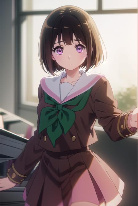 kaorinakaseko, <lora:kaori nakaseko s2-lora-nochekaiser:1>,
kaori nakaseko, short hair, bangs, brown hair, (pink eyes:1.3), mole, mole under eye,
BREAK skirt, shirt, long sleeves, school uniform, pleated skirt, serafuku, neckerchief, (brown skirt:1.2), white sailor collar, (brown shirt:1.2), kitauji high school uniform, (green neckerchief:1.5),
BREAK indoors, classroom,
BREAK looking at viewer, (cowboy shot:1.5),
BREAK <lyco:GoodHands-beta2:1>, (masterpiece:1.2), best quality, high resolution, unity 8k wallpaper, (illustration:0.8), (beautiful detailed eyes:1.6), extremely detailed face, perfect lighting, extremely detailed CG, (perfect hands, perfect anatomy),