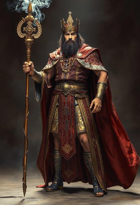 king solomon in intricate ornate ancient robes with power staff, 40 yr old male , superheroic pose