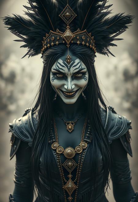 symmetrical medium shot of the underworld Princess, lust face expression, evil smile, white tribal makeup, extremely beautiful, small white eyeballs, long wet black hair, grunge clothes, grunge black armour, grunge black golden jewelry, grunge black feathers crown, hyper realistic, ultra detailed, translucent black skin, black skin, mist, wind