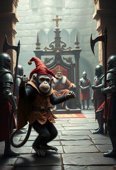 Happy monkey in jester outfit dancing around the throne room in front of a bored human king, medieval fantasy inner castle, throne room, human king sitting on throne, bored king, detailed monkey in an over-the-top jester outfit, dancing monkey, 2 knights clad in knightly armor wielding halberds guard the throne room entrance, the 2 knights can be seen at a distance in the background. Overall the image has 2 knights 1 king and 1 monkey