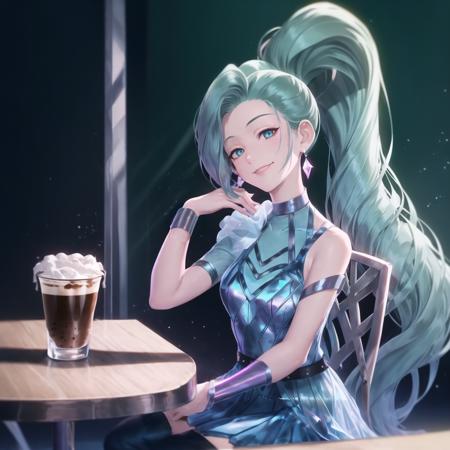 (cafe:1.2), (elbows on table), looking at viewer, head tilt, (coffee mug), smile, (hands on own face), (upper body:1.5), (sitting on chair), food, (k/da all out seraphine), league of legends, k/da \(league of legends\), 1girl, solo, aqua hair, gradient hair, multicolored hair, blue eyes, lips, long hair, long ponytail, ponytail, earrings, jewelry, armlet, bracelet, choker, blue dress, layered clothing, single bare shoulder, thighhighs