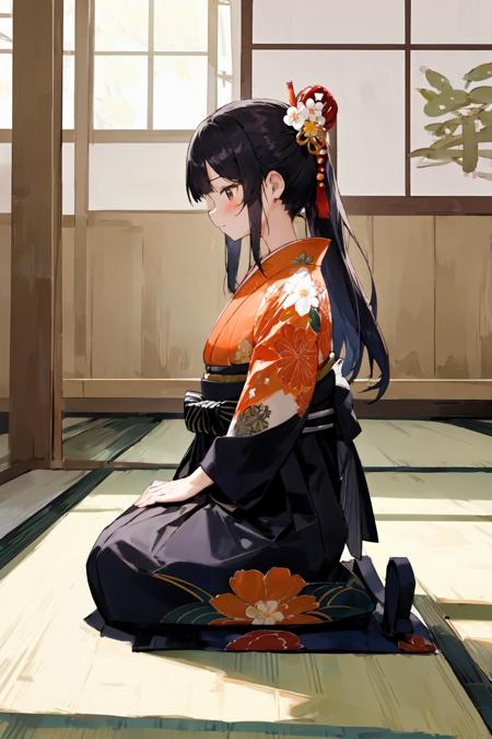 hakama skirt, 1girl, solo, full body, (seiza:1.2), indoor, cute japanese girl, long hair, hair ornament, floral print, kimono, hakama, masterpiece, best quality,