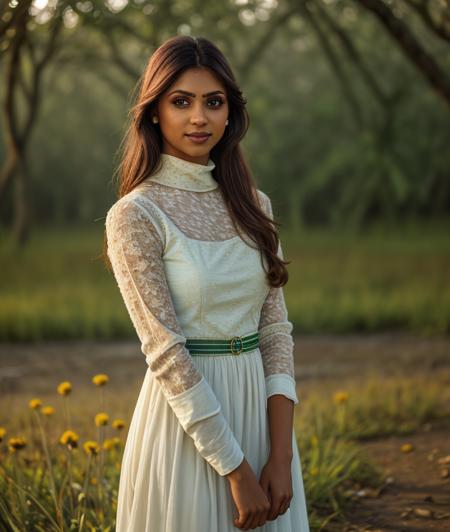 s4ar0m, nature, Spectacular light, Colorful flowering, 8k, soft lighting, high quality, film grain, Olympus OM1 sharp focus, f 3.4, (eye shadow), (eyeliner), ((detailed eyes)), (seductive pose), upper body, smile, upper body, dress, Long dress, breast, Turtleneck, Kaziranga National Park