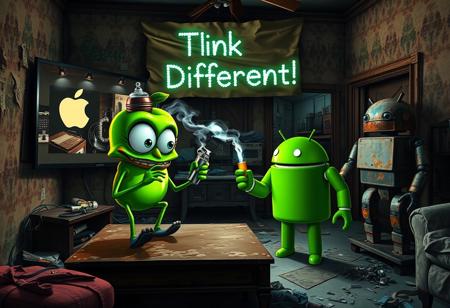 "In a grimy, dilapidated Florida crackhouse, a cartoonish green apple with exaggerated eyes and twisted limbs faces off against the iconic Android logo robot. The apple, perched on a stained coffee table, holds a meth glass pipe in one hand, with acrid smoke billowing from it. In its other hand, it clutches a lighter, flickering ominously.
The massive OLED TV mounted on the wall casts a harsh, flickering light, creating unsettling shadows as it plays an unnervingly vivid Apple commercial. The room’s walls are grimy, covered in graffiti, and peeling wallpaper hangs in tatters. The floor is strewn with trash, broken furniture, and empty cans.
The Android robot, with a rusted, dented exterior and malfunctioning eyes, stands in a defensive stance with twitching antennae. Above the TV, a warped cardboard sign with 'Think Different!' hangs crookedly, its jagged lettering backlit by flickering LEDs that cast eerie shadows on the peeling walls.
The air is thick with mildew, decay, and the sharp scent of meth smoke. The green apple’s glossy skin and the Android’s grimy, rusted body are harshly illuminated by the flickering light, heightening the bizarre and unsettling confrontation in this derelict, drug-ridden setting."