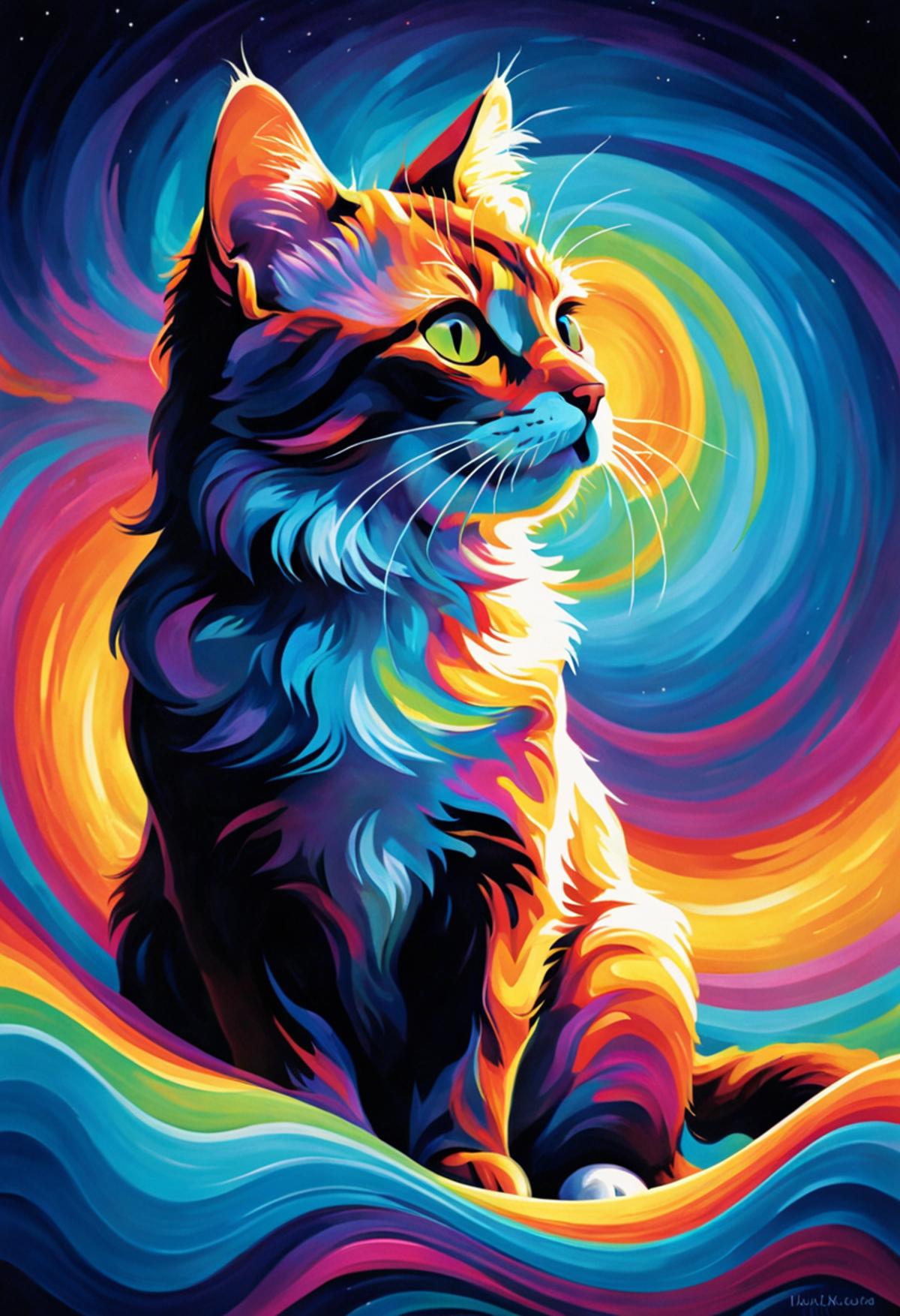 A vibrant and colorful cat with green eyes.