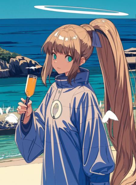 1girl, solo, long hair, green eyes, wings, halo, ponytail, angel wings, white wings, holding, feathered wings, angel, bangs, long sleeves, looking at viewer, very long hair, outdoors, beach, water, cowboy shot, building, high ponytail, standing, ocean, blunt bangs, closed mouth, blonde hair, brown hair, floating hair ,   <lora:焦茶6-000013:1>