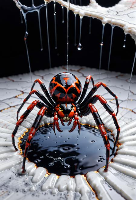 Liquid Marble floor, detailed, ultrarealistic, Liquid Marble black widow spider dangling from its web, dripping gold linings, 
