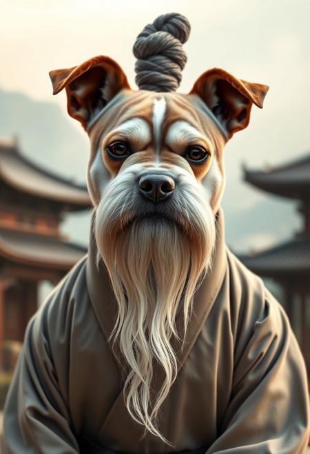 A photorealistic portrait of a dog with a flat, squashed face, styled like a martial arts master. The dog has a long flowing white beard extending far below its chin, large bushy white eyebrows, and long sideways white whiskers. On top of its head is a traditional topknot bun, resembling Pai Mei from Kill Bill. The dog is wearing traditional East Asian monk robes in neutral tones, with a black sash. It stares directly into the camera with a calm, superior expression. The background is a misty mountain temple scene with warm natural lighting. Vertical 9:16 aspect ratio.