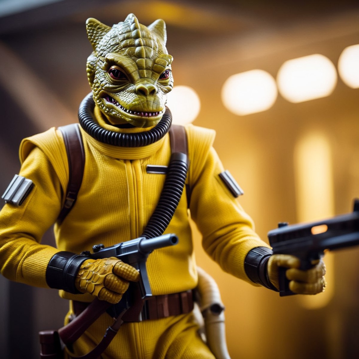 cinematic film still of  <lora:Bossk:1.2>
Bossk a reptilian creature in a yellow outfit holding a gun in star wars univers...
