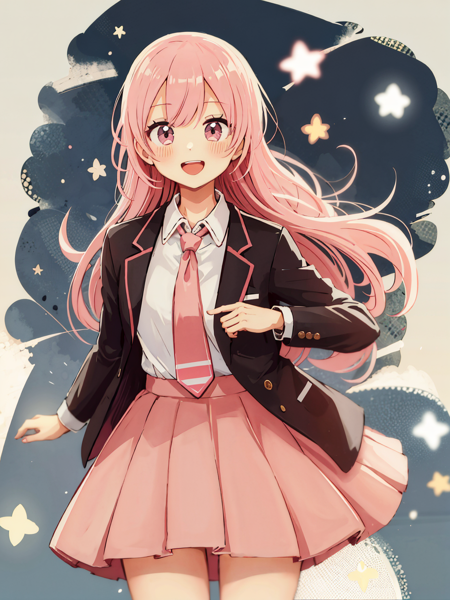 (masterpiece,best quality,highest quality,best anatomy:1.3),<lora:|$TLoHA_V2:0.8>,1girl,pink skirt,skirt,solo,long hair,shirt,pink hair,necktie,looking at viewer,jacket,white shirt,smile,white background,plaid,simple background,pink eyes,collared shirt,open mouth,open clothes,plaid skirt,long sleeves,open jacket,pleated skirt,pink necktie,bangs,hair between eyes,school uniform,cowboy shot,shirt tucked in,:d,standing,very long hair,(brown jacket:1.2),blazer,crossed bangs,wavy hair,teeth,miniskirt